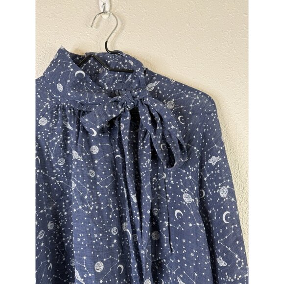 Anthropology Top Sz XL Blue Organza Tie Neck Space Blouse Sheer Astrology Career - Picture 4 of 10
